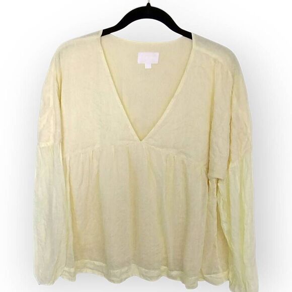 EVERY Womens Top‎ Sz Large Butter Yellow Linen Relaxed Fit Short Long Sleeves - Picture 1 of 8